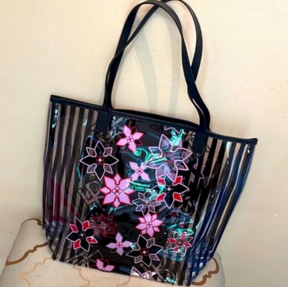 🌸 Henri Bendel Pink Floral PVC Striped/Clear Tote Bag NWOT! - Picture 5 of 11